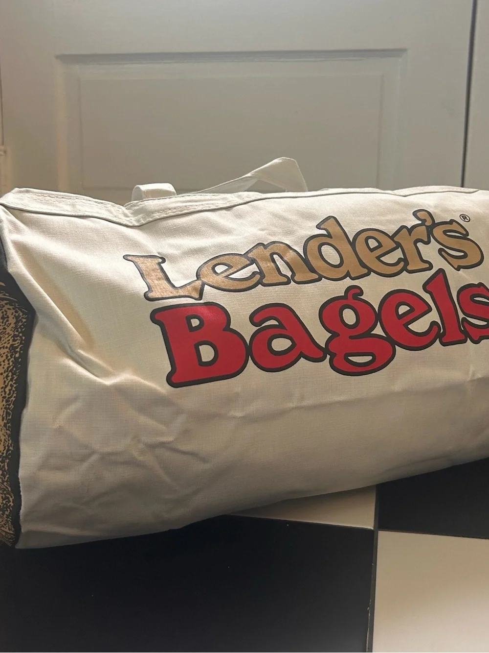 Ultra Rare “Lender's Bagels” Canvas Duffel Bag - White with Tan & Red Logo